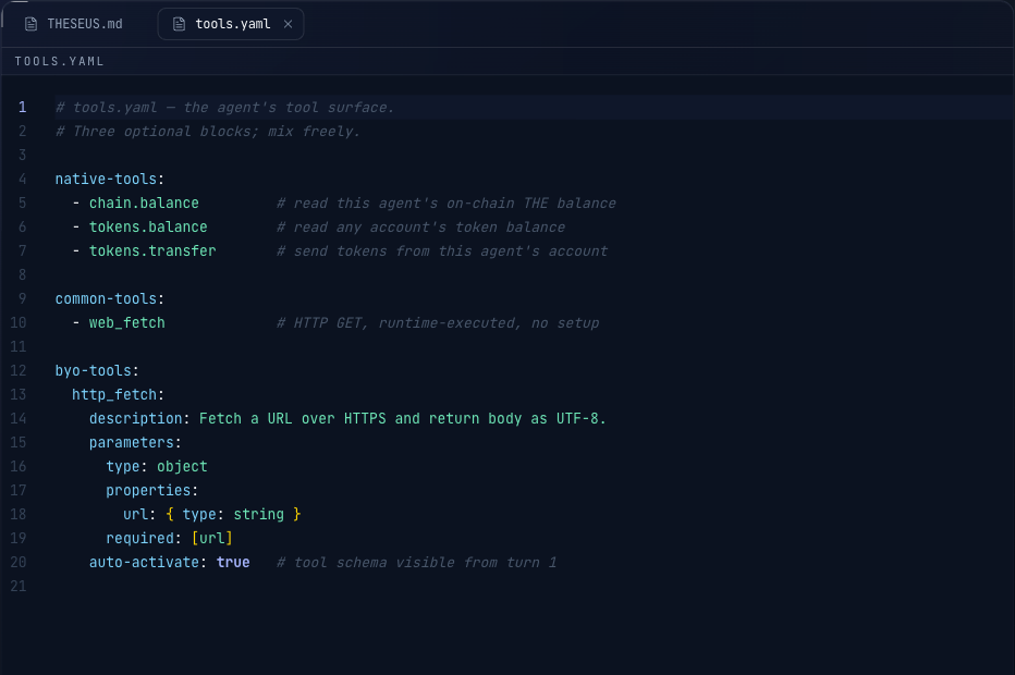 tools.yaml open in the Playground editor showing native-tools, common-tools, and byo-tools blocks with one example each.
